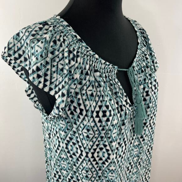 JOIE Blue Black Diamond Southwest Print Tassel Tie Neck Flutter Sleeve Blouse S - Picture 4 of 7